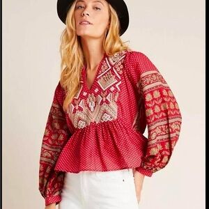 Anthropologie Keira Red Gold Embroidered Boho Blouse Peplum V Neck Cotton Size 6